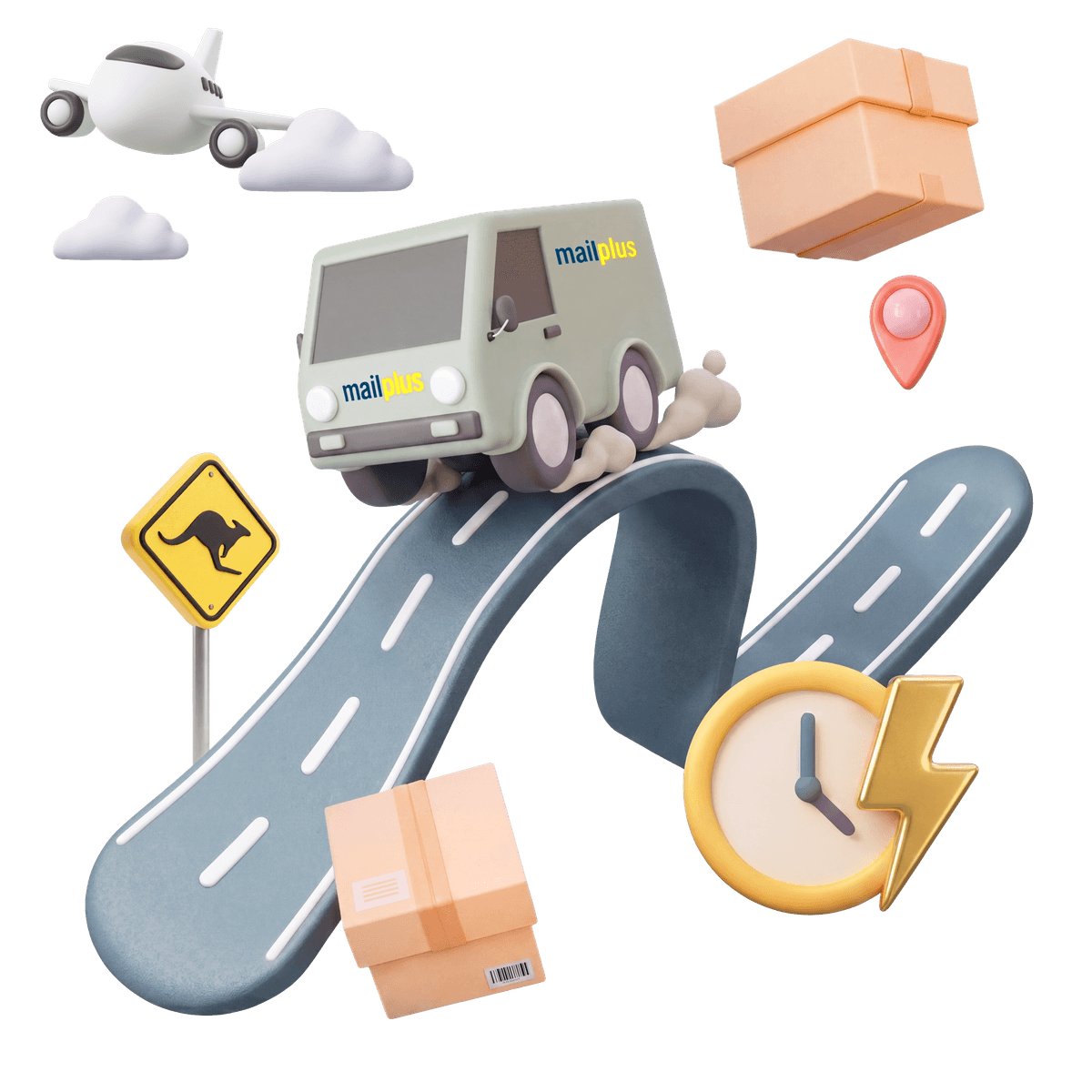A MailPlus delivery van on a winding road with a plane, parcels, a clock, a kangaroo road sign and a location pin — fast, trackable parcel delivery for small business across Australia.