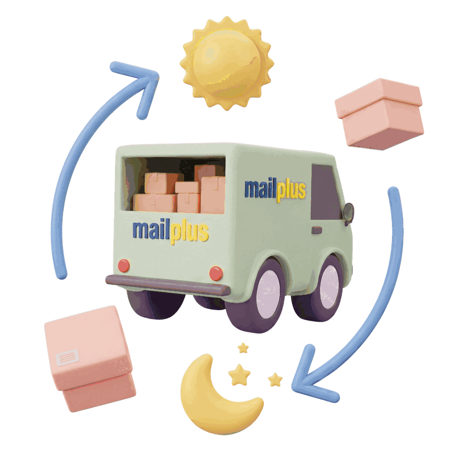A MailPlus delivery van delivering parcels overnight across Australia - fast, flat-rate express parcel delivery.